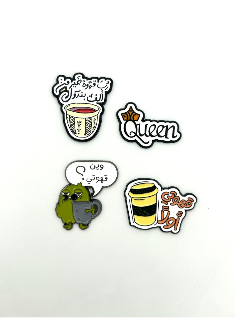 4 pieces of Metal stickers - Where's my coffee? logo and My coffee first logo and Queen logo and Cup of coffee logo - Premium Quality Metal for Mobile, Laptop, Backpacks and more - Image 1